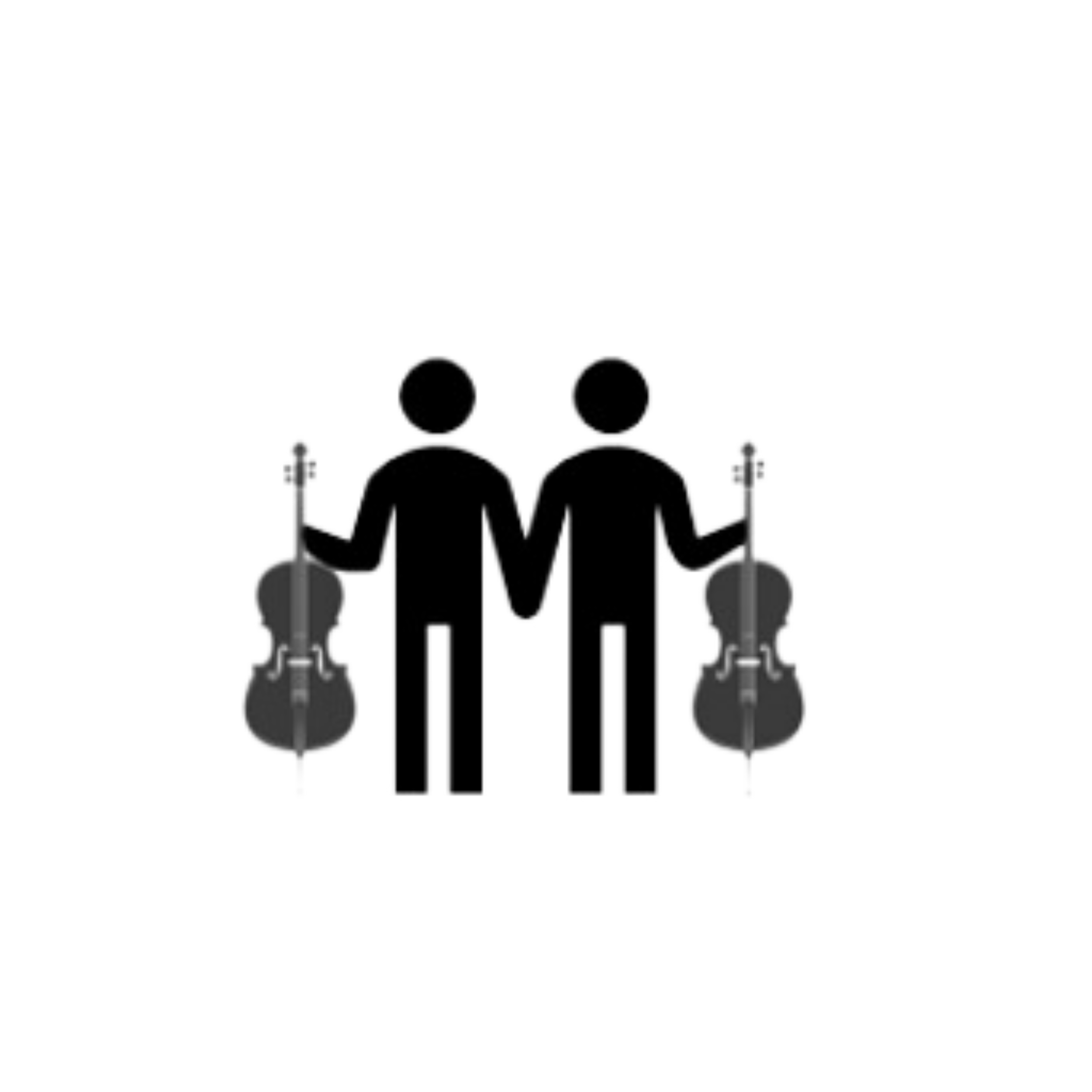 A stylized black and white icon of a group of four people standing together, holding hands, in front of a background with a star.