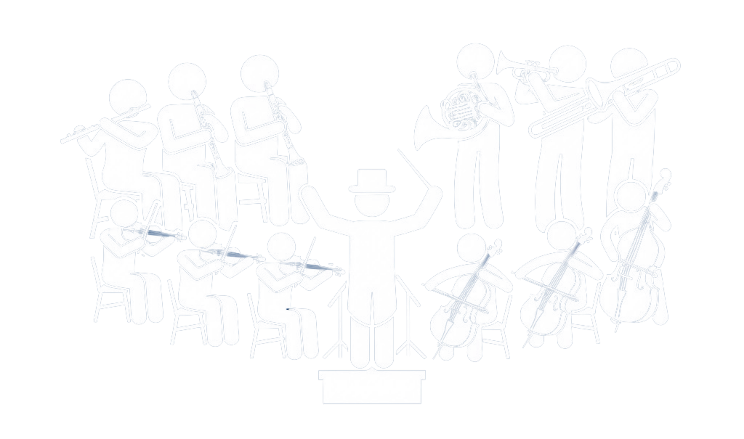A white outline drawing of an orchestra performing, with musicians playing various instruments such as flutes, clarinet, bassoon, euphonium, trumpet, trombone, tuba, violin, and cello, around a conductor.