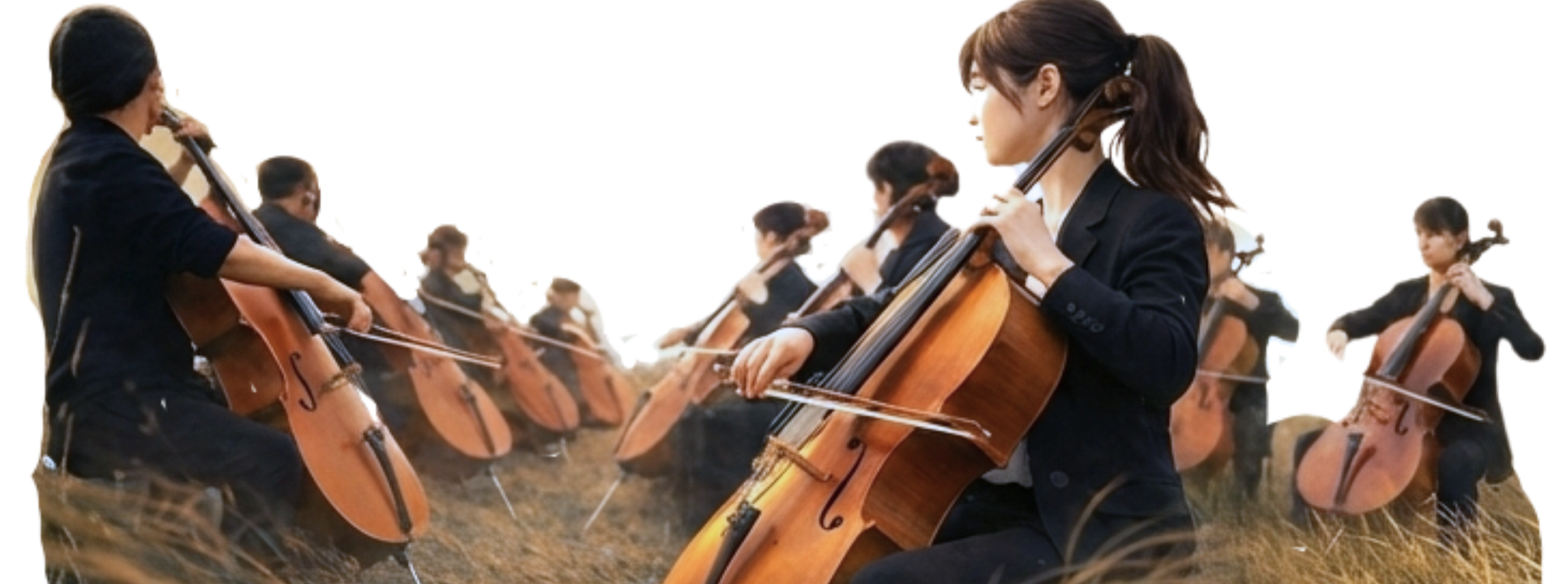 A group of women playing cellos outdoors in a field, focusing on a young woman in the foreground with brown hair in a ponytail, dressed in a black blazer.