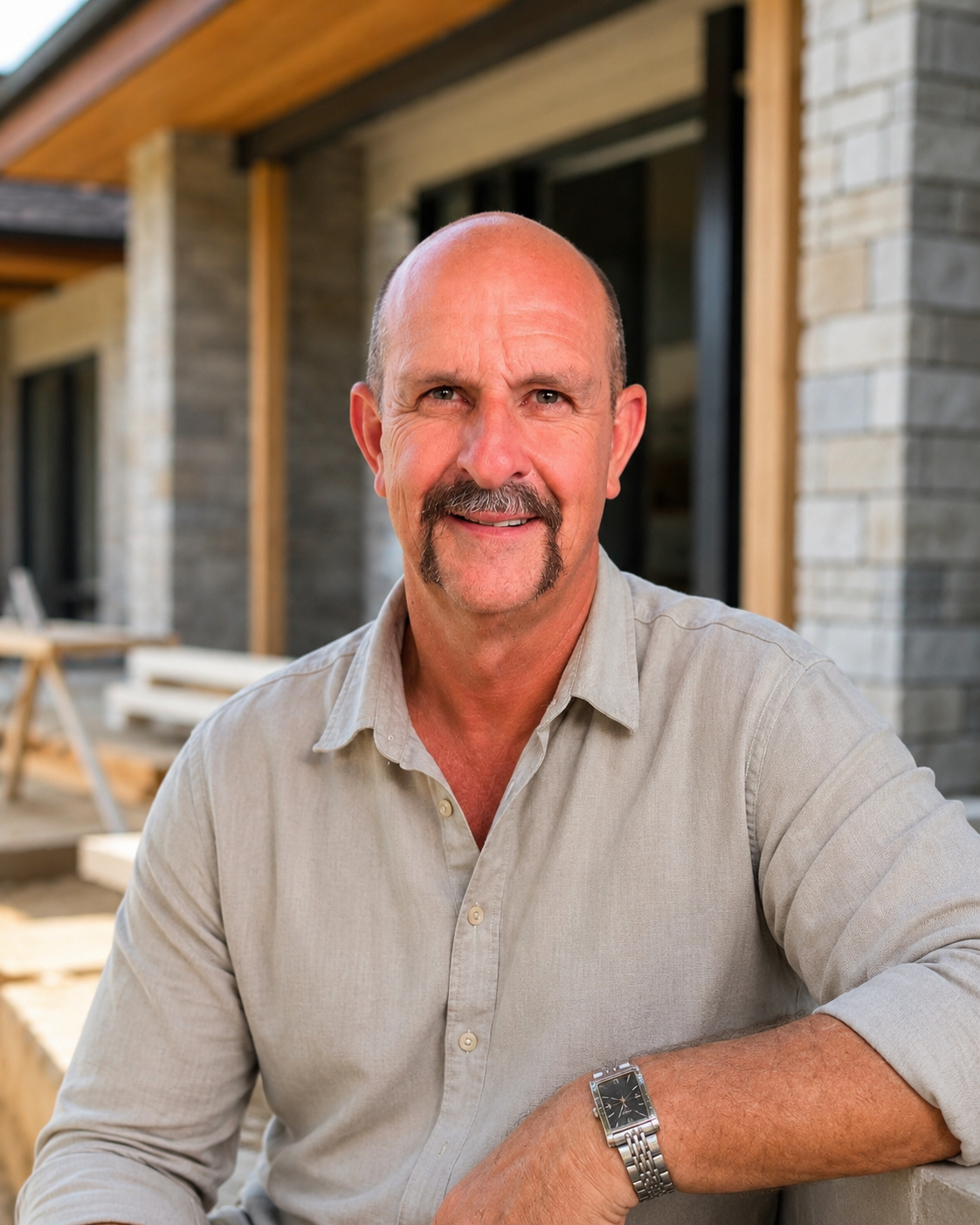 A middle-aged man with a goatee and bald head smiling at the camera, sitting outdoors in front of a house under construction.