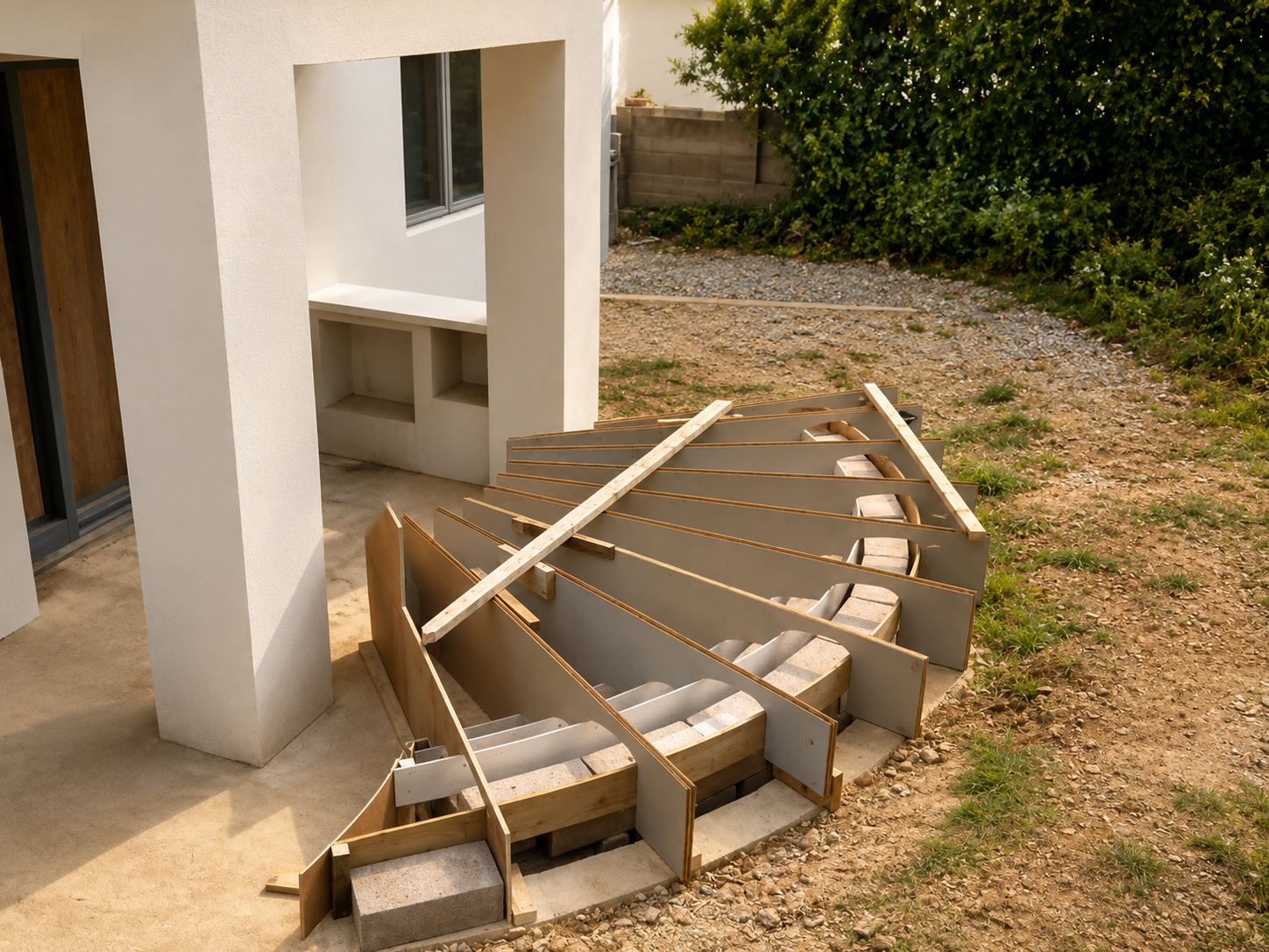 Construction site with a partially built outdoor staircase made of wood and metal nearby a white modern house, with dirt and gravel surrounding the area and a green bush in the background.