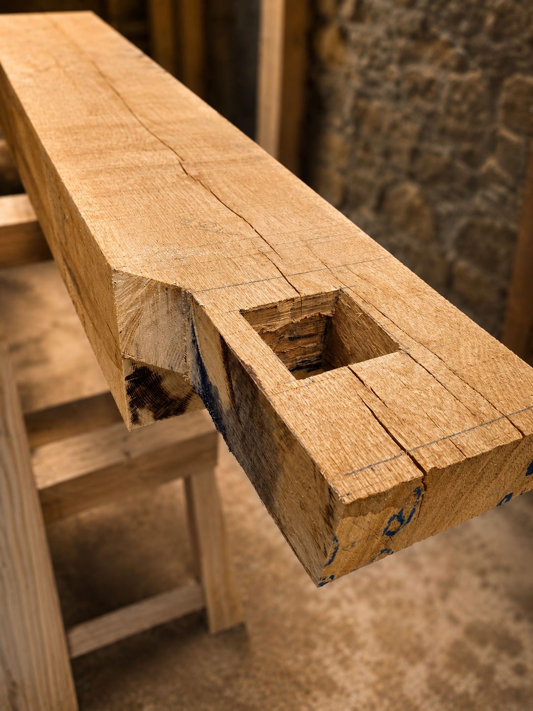 Close-up of a wooden beam with a square cutout in a woodworking shop, with a brick wall in the background.