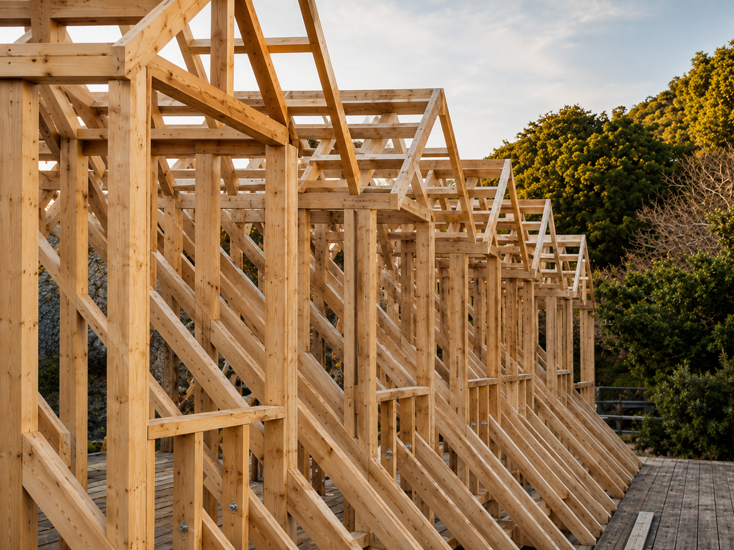 Wooden framework of a building under construction with trees and sky in the background.