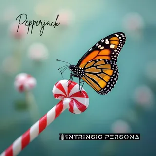 A monarch butterfly perched on a red and white striped peppermint candy cane against a blurred green background, with the word 'Pepperjack' written in cursive and 'INTRINSIC PERSONA' in text.