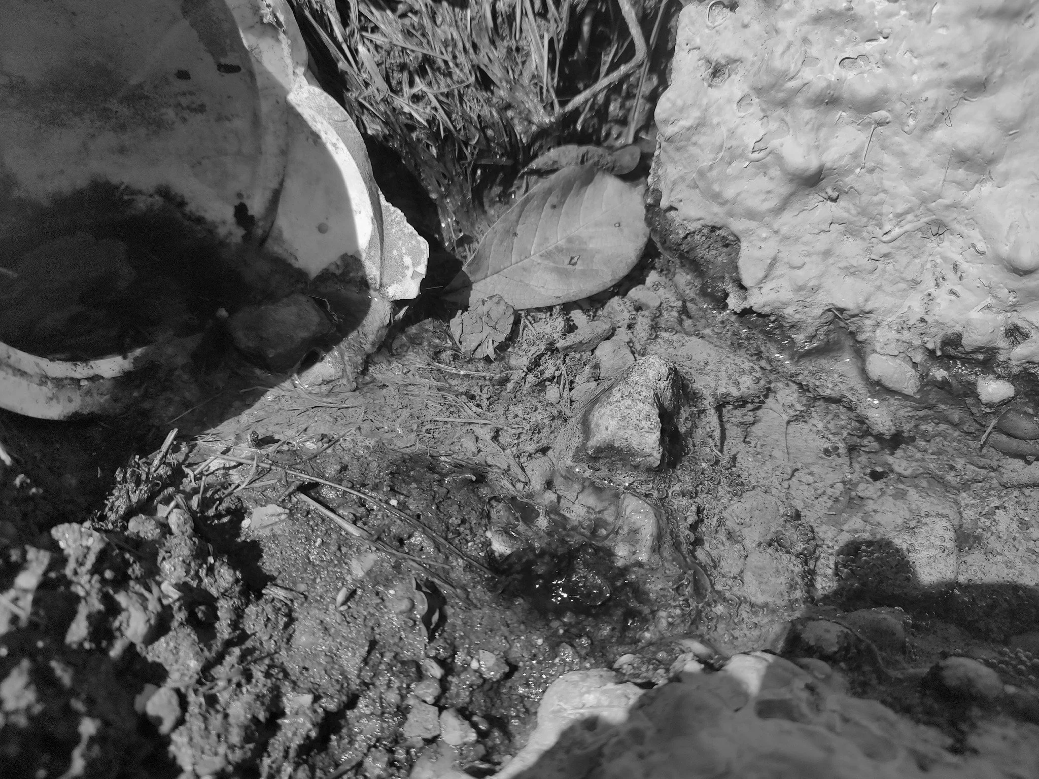 Close-up of dirt, rocks, and plaster debris, with a small stream of water flowing through the soil.
