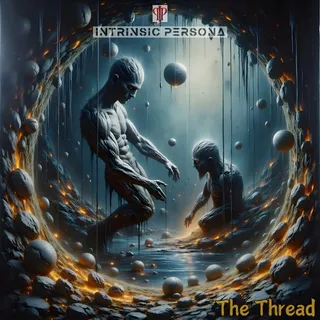 Artwork of two humanoid figures with metallic and alien-like features emerging from water inside a dark, circular, tunnel-like structure with floating spheres, set against a mysterious, sci-fi backdrop for the game 'Intrasonic Persona: The Thread'.