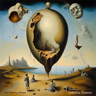 Surreal landscape with floating skull balloons, a cracked globe, and meditating figures on dry land.