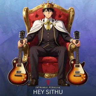 Anime character sitting on a regal throne, wearing a crown and holding two guitars, with a blue background.