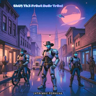 Cyberpunk city street scene at night with three humanoid robots in futuristic armor in the foreground. City buildings, a full moon, and a spaceship in the sky. The text reads 'Shut Th3 Front Door Tr0n!' and 'INTRINSIC PERSONA'.