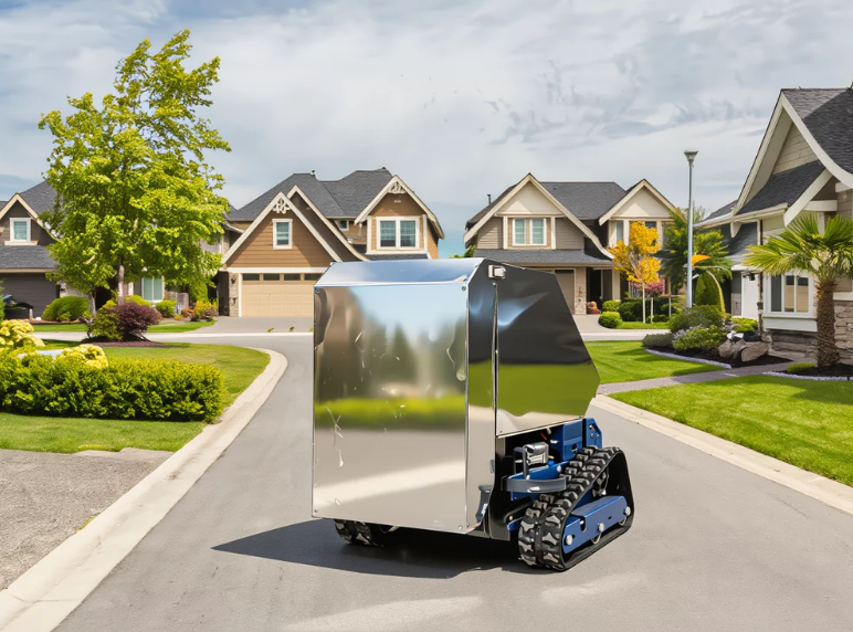 A robot land drone cleaning or inspecting a residential driveway in a neighborhood with modern houses and well-maintained lawns.