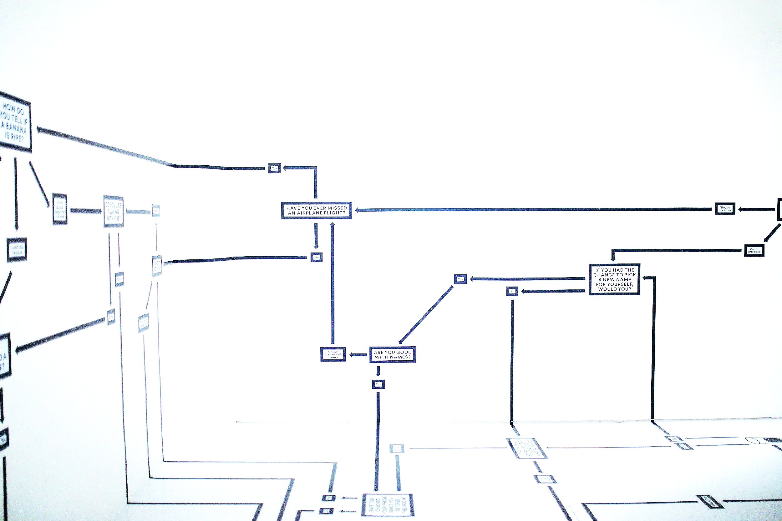 Part of a flowchart or decision tree with questions and options about airplanes, names, and accidents, with some text visible such as 'Have you ever missed an airplane flight?', 'Yes', 'No', 'Would you?', and 'Yes, by accident'.