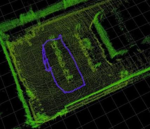 3D laser scan or LiDAR image of a rectangular structure with a purple outline inside a larger green-bordered area.