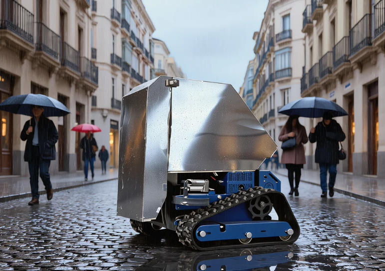 A small robot on tracks moving down a wet cobblestone street in a city, with pedestrians walking under umbrellas on either side.