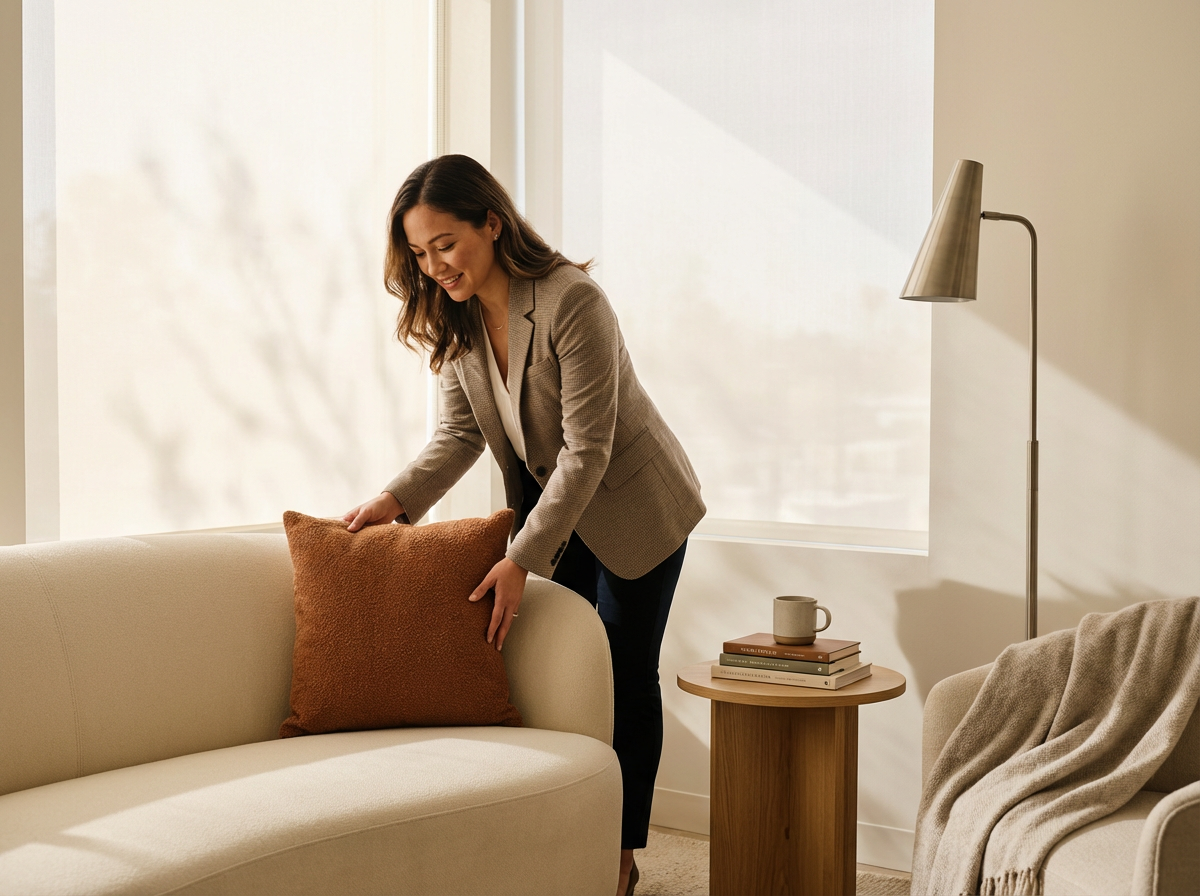A woman is placing a brown cushion on a beige sofa in a well-lit living room with large windows.