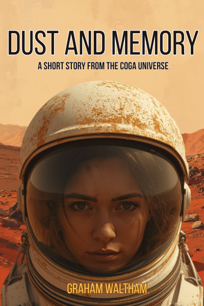Book cover titled "Dust and Memory" with a woman in an astronaut helmet in a Martian landscape.