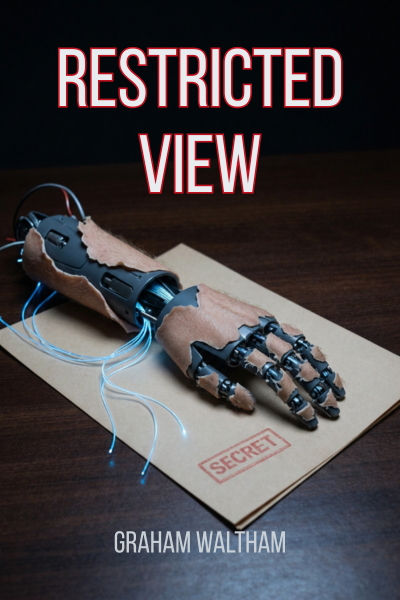 A robotic hand resting on a buff folder labelled 'SECRET', with blue wires connected to the hand. Text over the image reads 'RESTRICTED VIEW' and 'GRAHAM WALTHAM'.