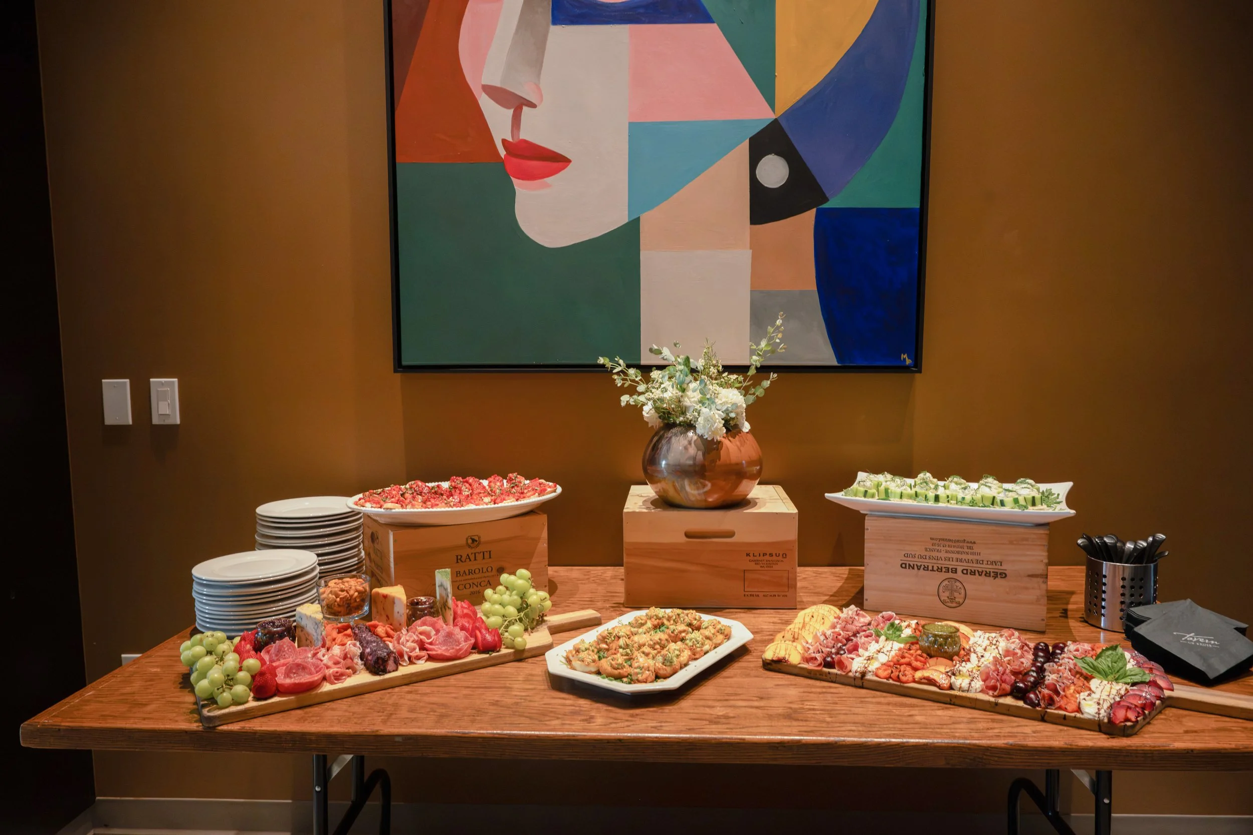Buffet spread set for a group of more than twenty-five guests