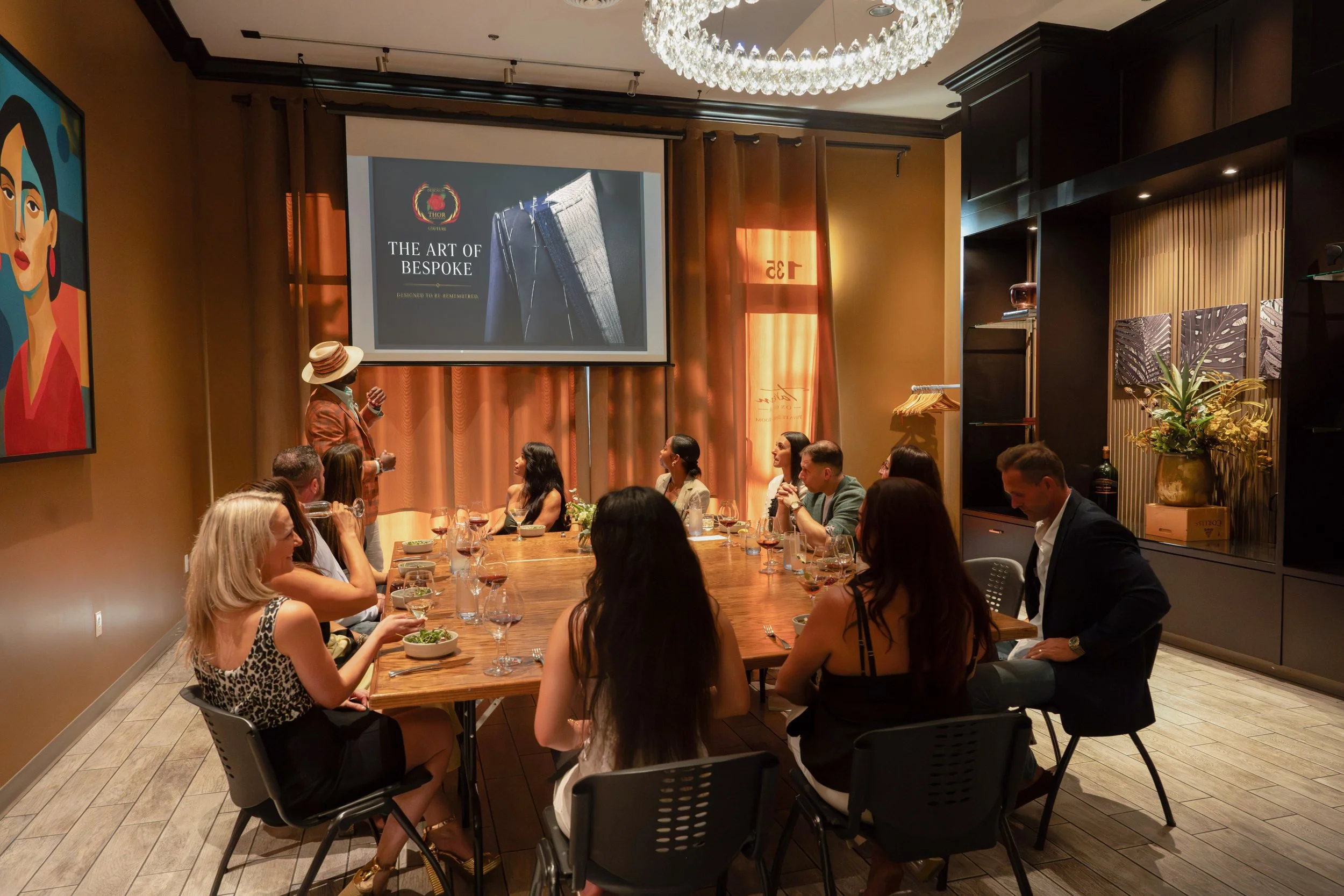 Projector screen and seating arranged for a business presentation