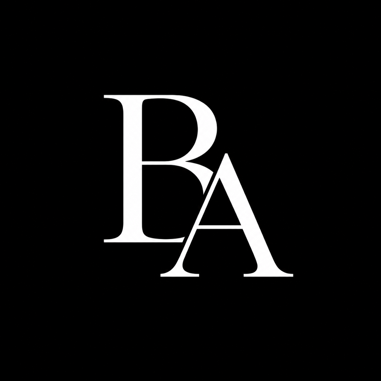 Black background with white overlapping letters B and A.