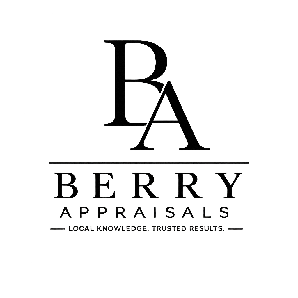 Logo for Berry Appraisals featuring large overlapping letters 'B' and 'A', with the words 'Berry Appraisals' and the tagline 'Local Knowledge, Trusted Results' underneath.