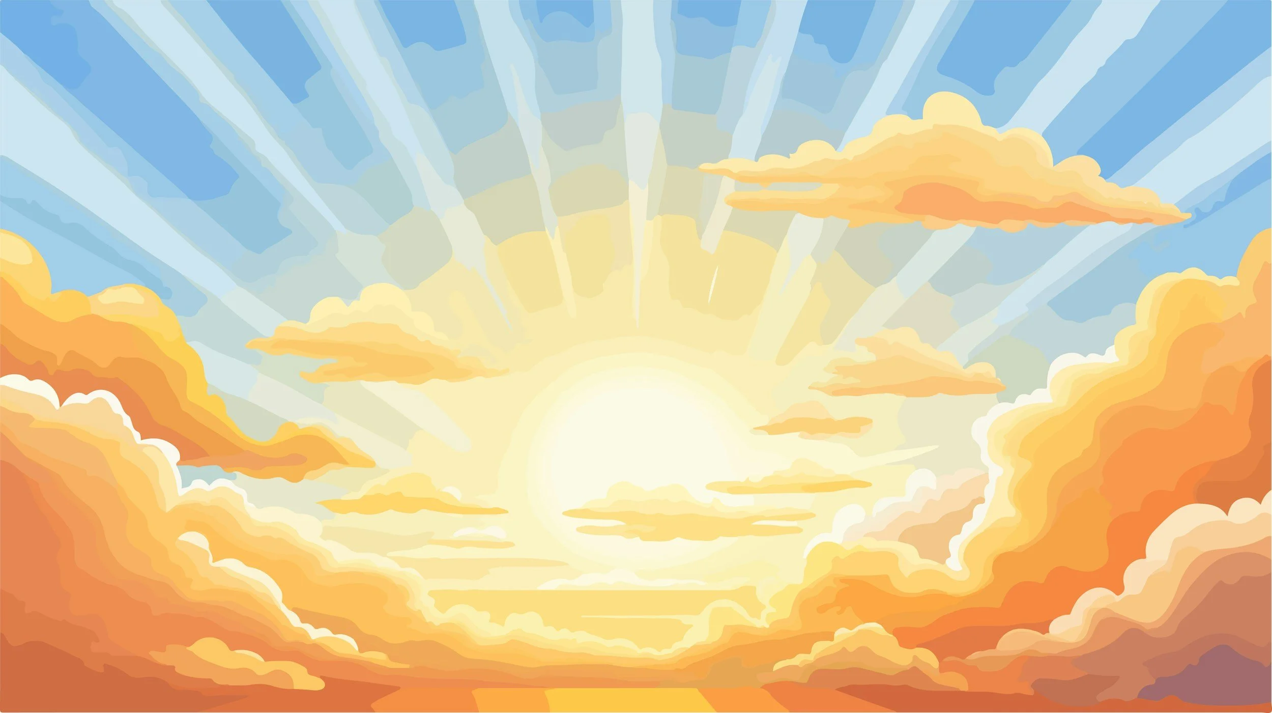 A stylized digital illustration of a sunrise or sunset with orange clouds and blue sky with rays of sunlight streaming through.
