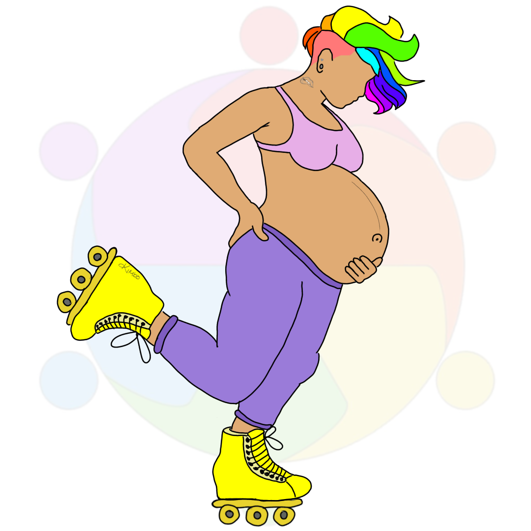 A cartoon woman with rainbow-colored hair roller skating in purple pants and a lavender top, holding her pregnant belly with one hand.