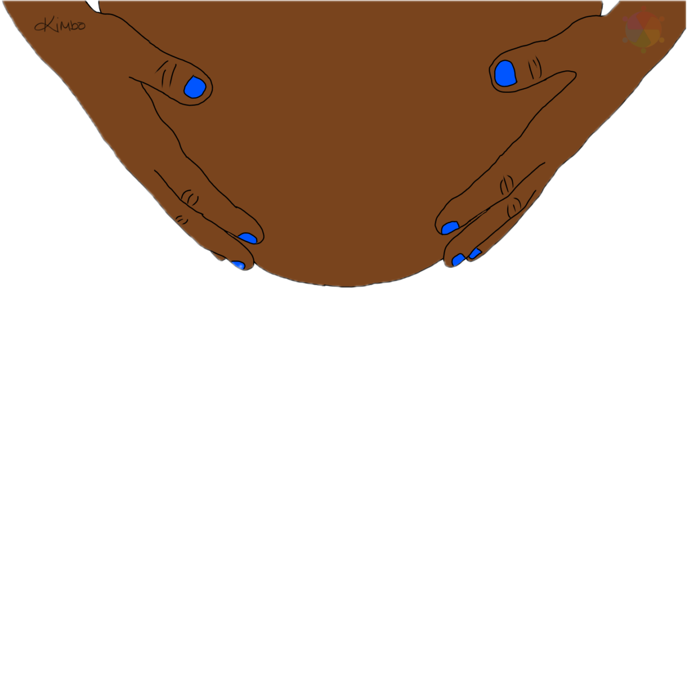 Close-up illustration of a person with dark skin holding their pregnant belly with both hands, nails painted blue, and signature 'Kimbo' in the top left corner.