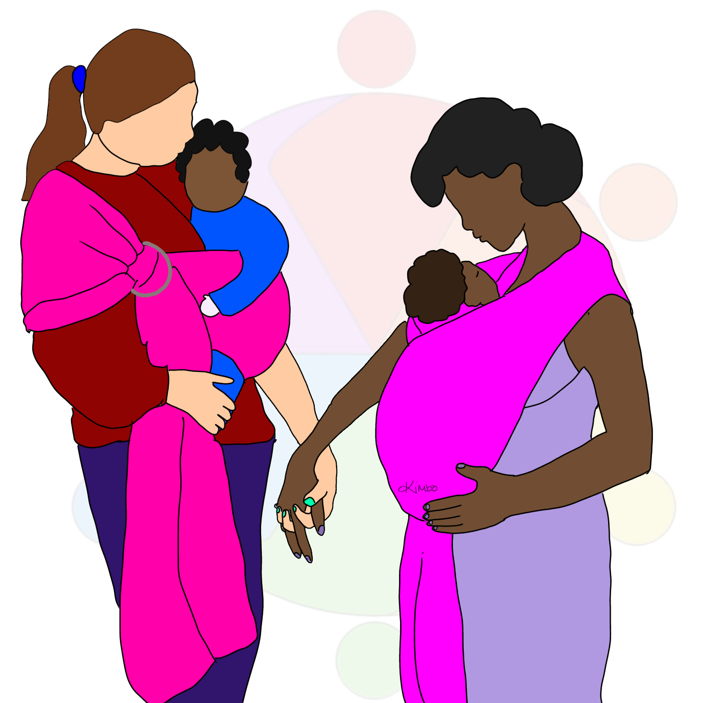 Two women wearing baby carriers, one holding a small child, and the other holding a baby, all wearing colorful clothing and sharing a moment of connection, set against a neutral background with faint pastel circles.