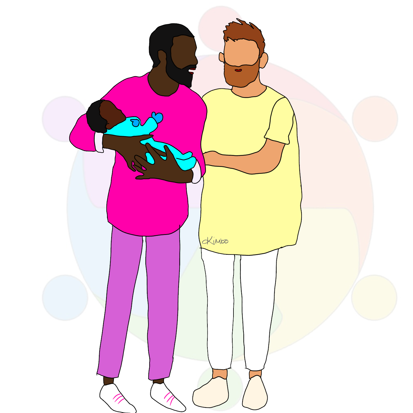 A digital drawing shows two men holding a newborn baby against a light background with circular patterns. The man on the left has dark skin, a beard, and wears a bright pink top with lavender pants and white sneakers. The man on the right has light skin, red hair, and a beard, wearing a yellow T-shirt, white pants, and shoes. They are smiling