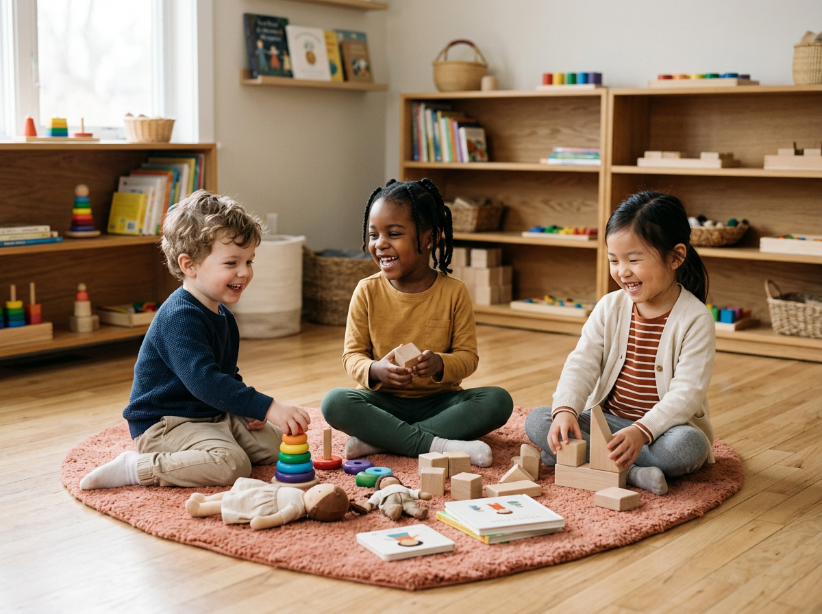Three children sitting on a pink rug playing with stacking toys and wooden blocks in a well-lit classroom or playroom with wooden shelves and books in the background.