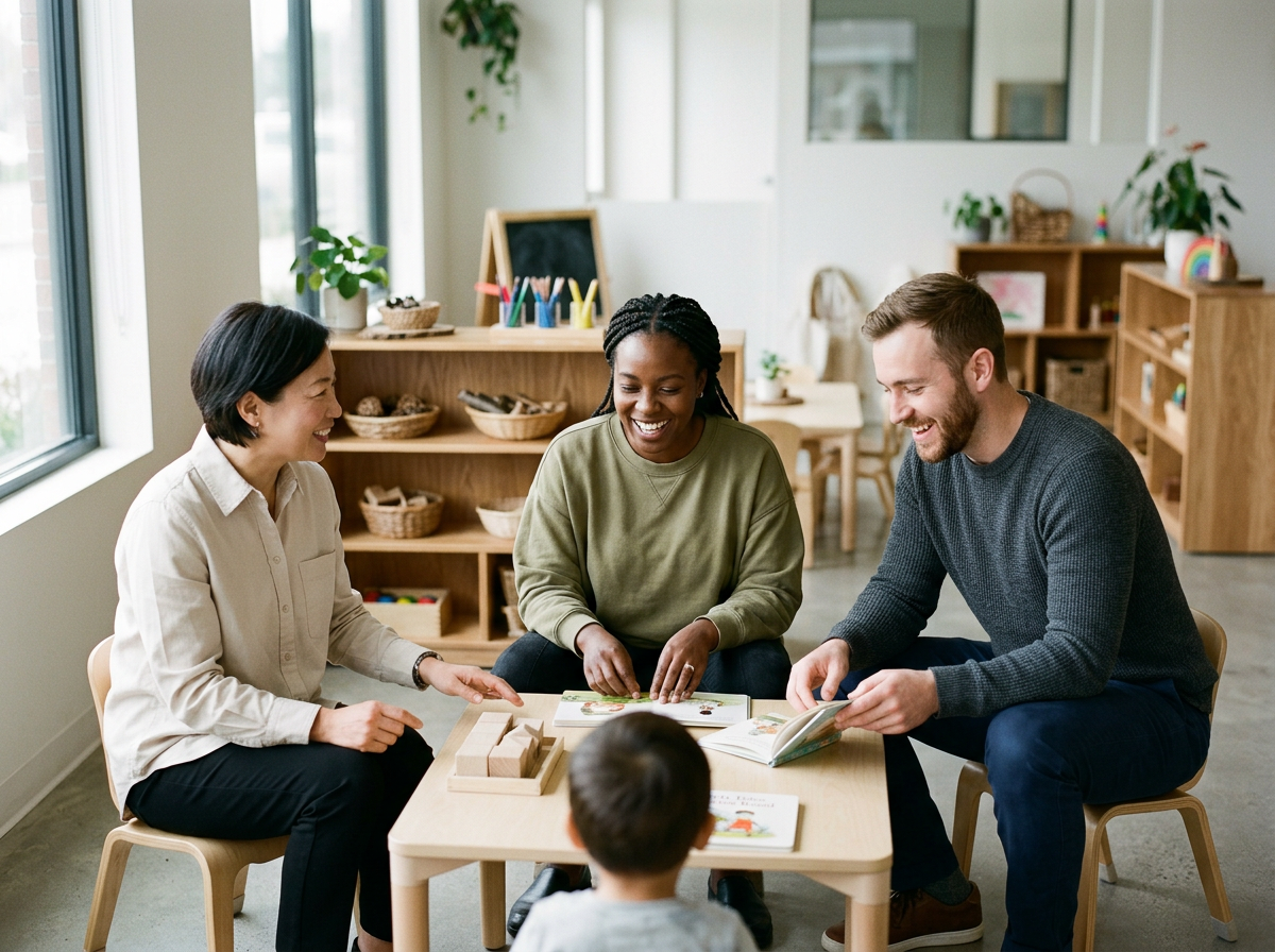 Three women and one man sitting at a small table in a classroom, smiling and talking, with a young child sitting with their back to the camera.