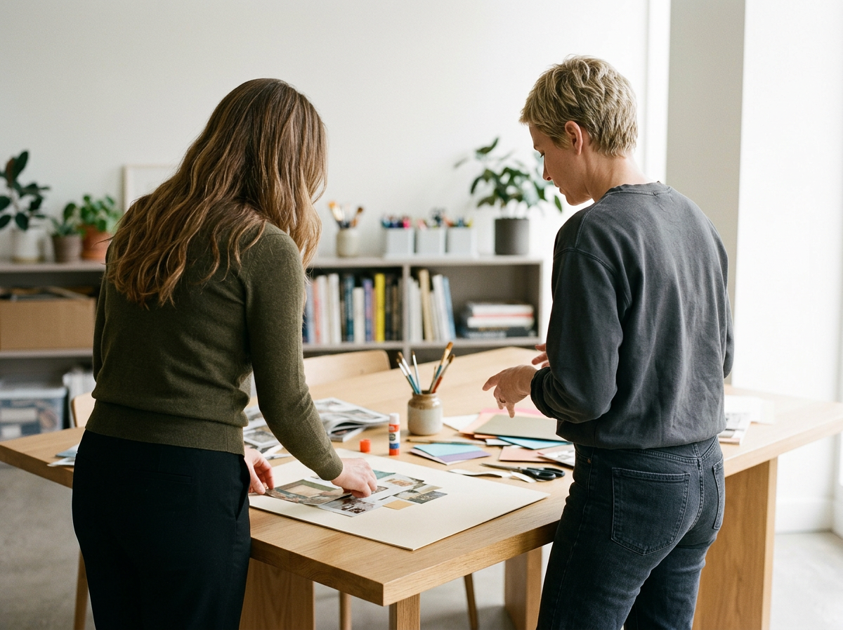 Two women working on a collage or scrapbook project at a wooden table with art supplies and photographs, in a bright room with books and plants in the background.