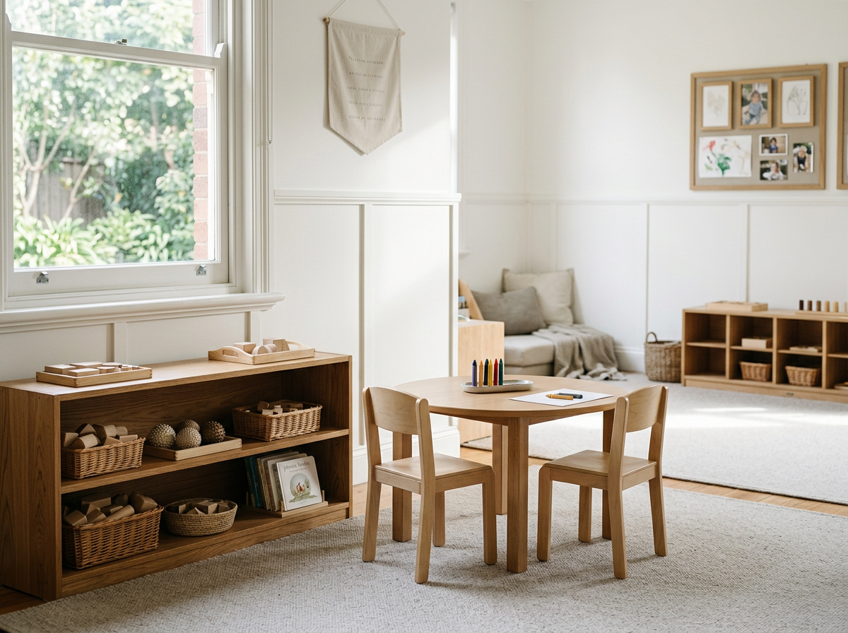 Bright children's playroom with small round table and two chairs, natural wood shelves with baskets of toys, pictures on the wall, and a cozy nook with pillows and blanket.