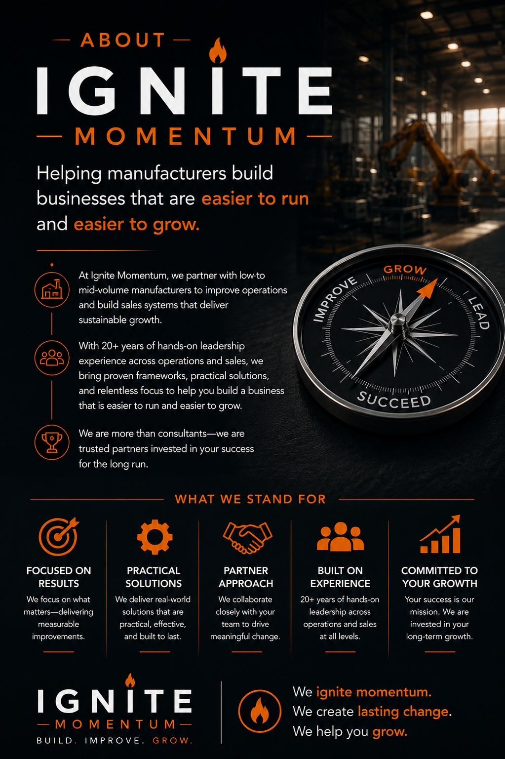 Flyer for Ignite Momentum with text about building and growing manufacturing businesses, featuring a gauge with the needle pointing to grow, and icons representing results, solutions, partnership, experience, and growth.