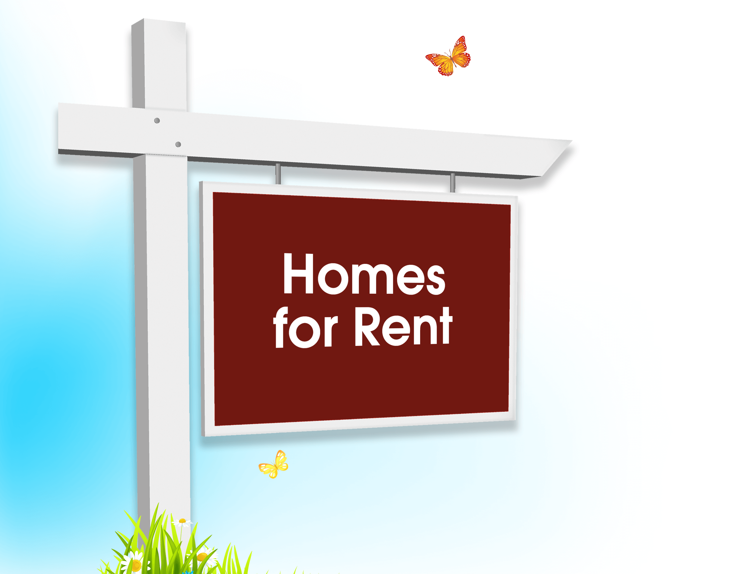 A signpost with a red sign that reads 'Homes for Rent' set against a blue sky background. The signpost is decorated with colorful butterflies and surrounded by greenery and flowers.
