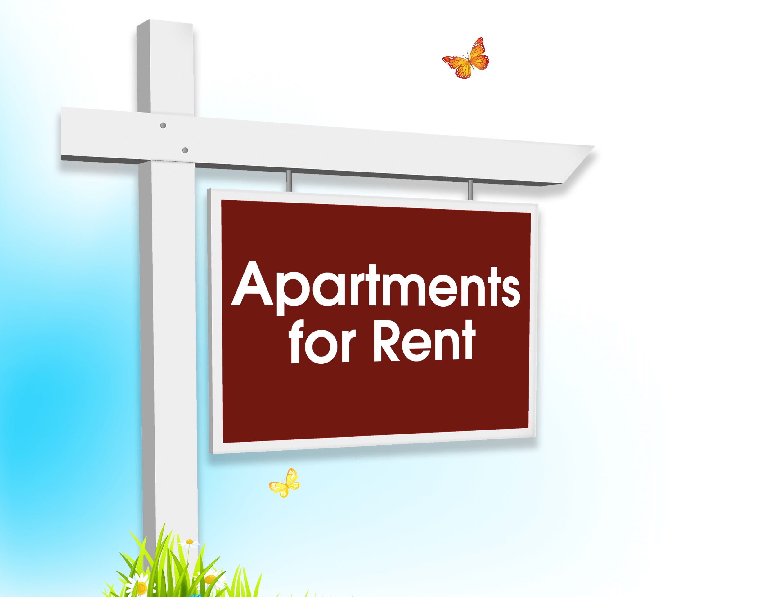 A sign with white text on a red background reading 'Apartments for Rent' is mounted on a white post. The background features a light blue sky with small butterflies and plants at the bottom.