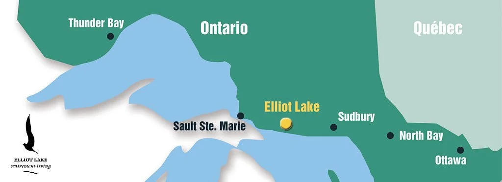 Map showing parts of Ontario and Quebec, Canada, highlighting Elliot Lake, Sudbury, North Bay, and Ottawa, with some lakes such as Thunder Bay and Elliot Lake labeled.