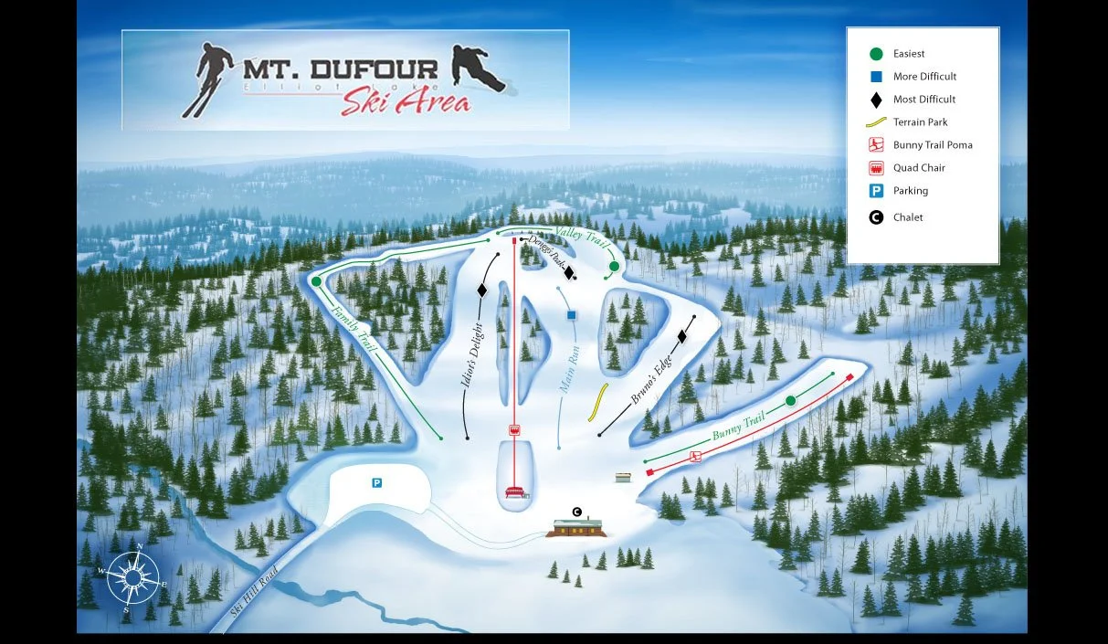 Map of Mt. Dufour Ski Area showing ski trails, lifts, parking, and facilities with color-coded difficulty levels and icons for amenities.