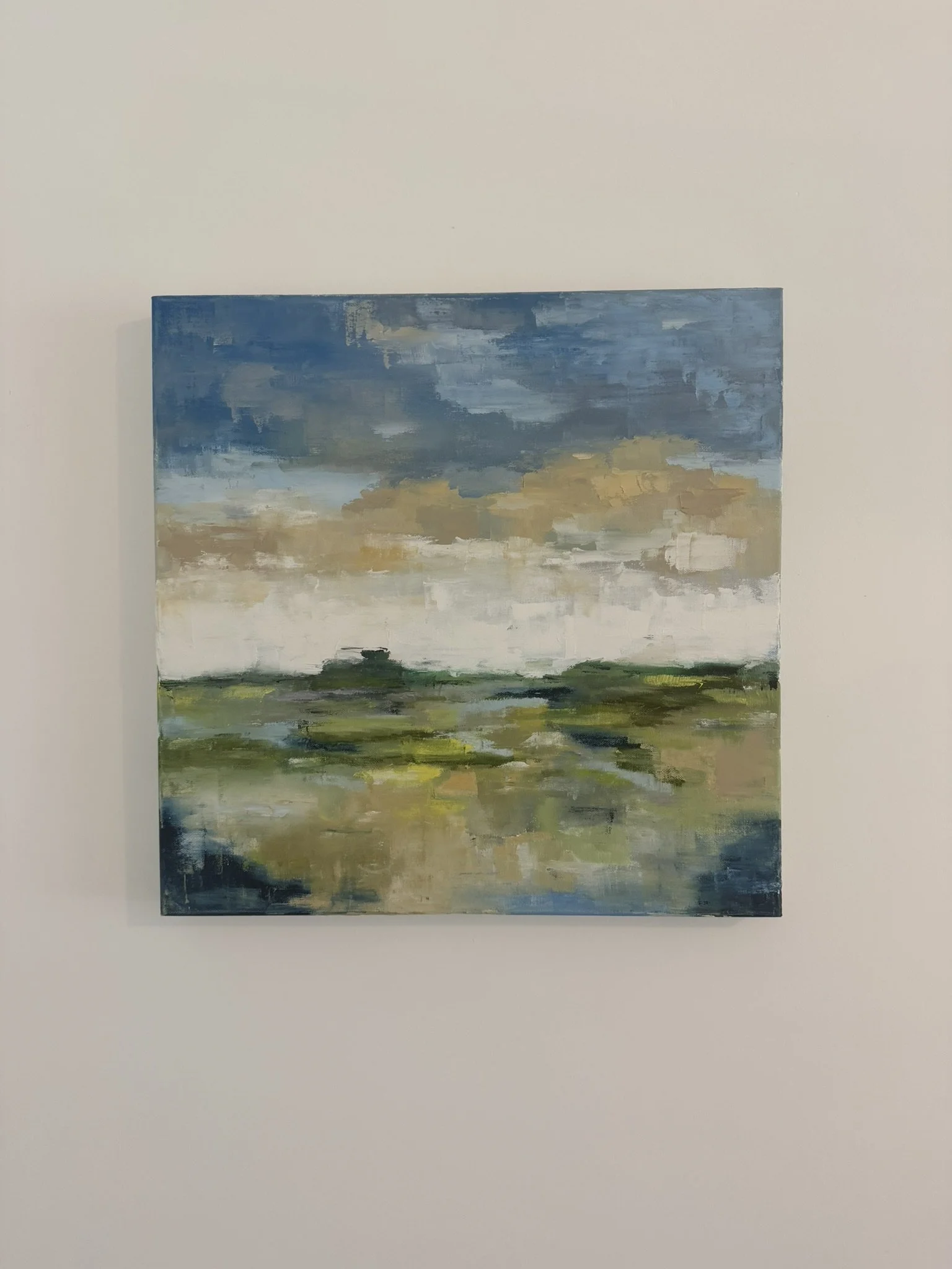 An abstract landscape painting depicting a cloudy sky above a field with trees, painted in a loose impressionistic style with muted colors.