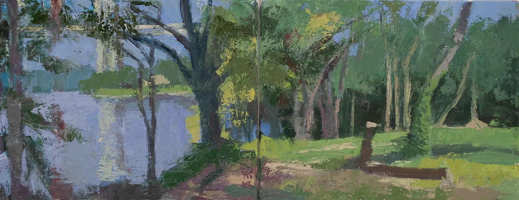 Clearing in the Park, Vignette with GW Bridge, 11" x 28", Oil on Canvas