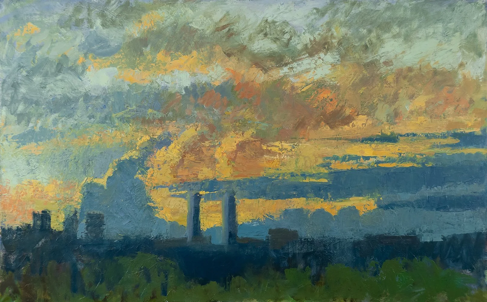  Summer Sunset with Towers, 30" x 48", Oil on Canvas
