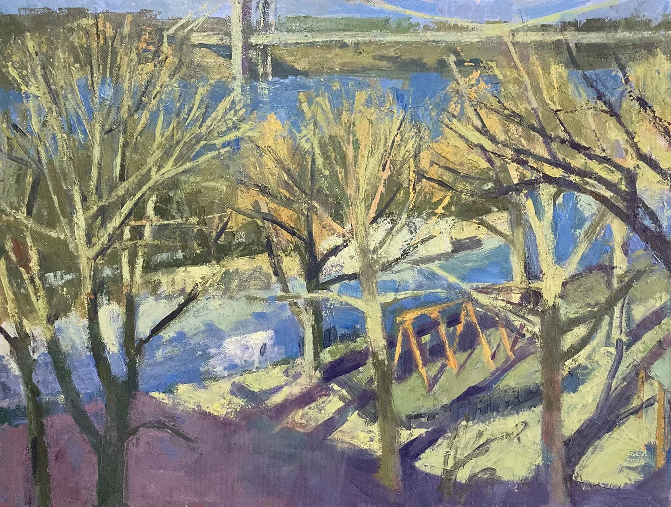  Winter River View with Playground, 18" x 24", Oil on Canvas