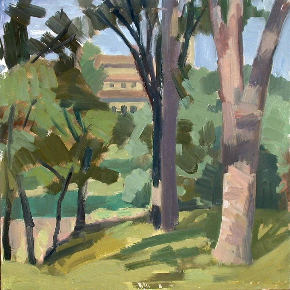 Cloisters through Trees, 12" x 12", Oil on Panel