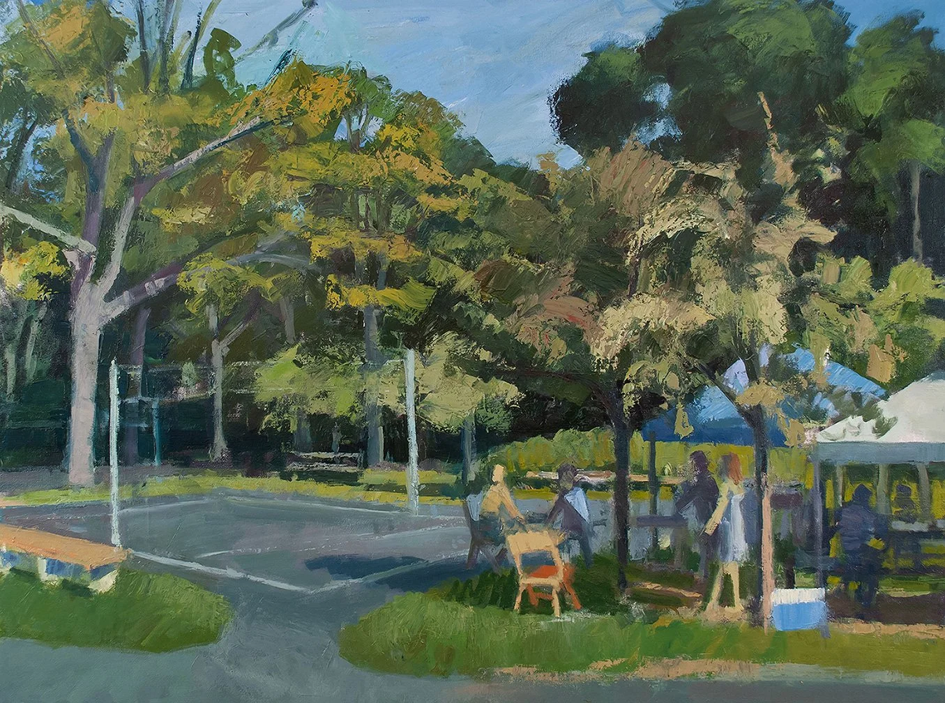 Park and Court, Blue and White Tents, 30" x 40", Oil on Canvas