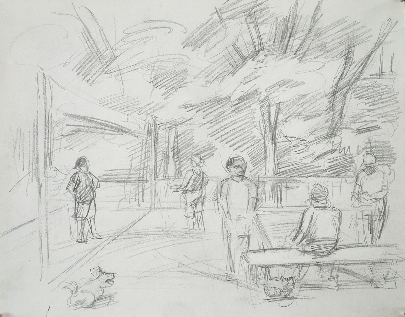  Spectators and Dogs, 9" x 12", Pencil on Paper