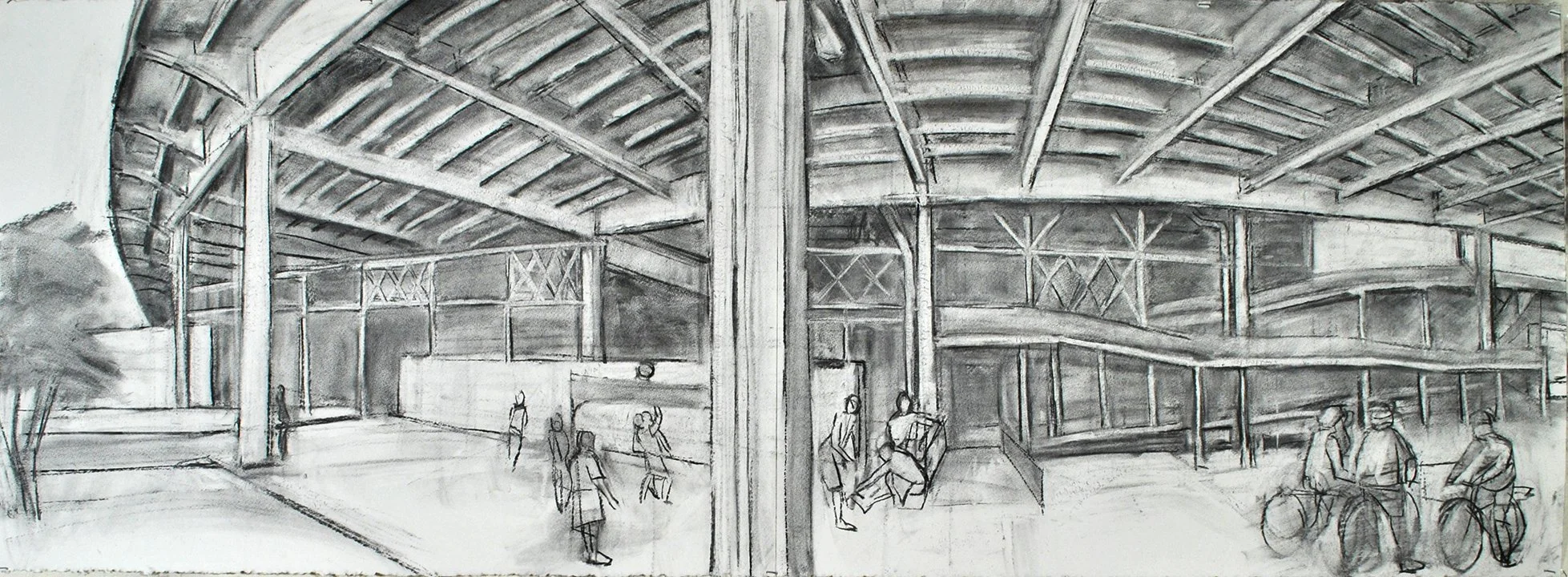  Volley Ball, Architectural Study, 22" x 60", Charcoal