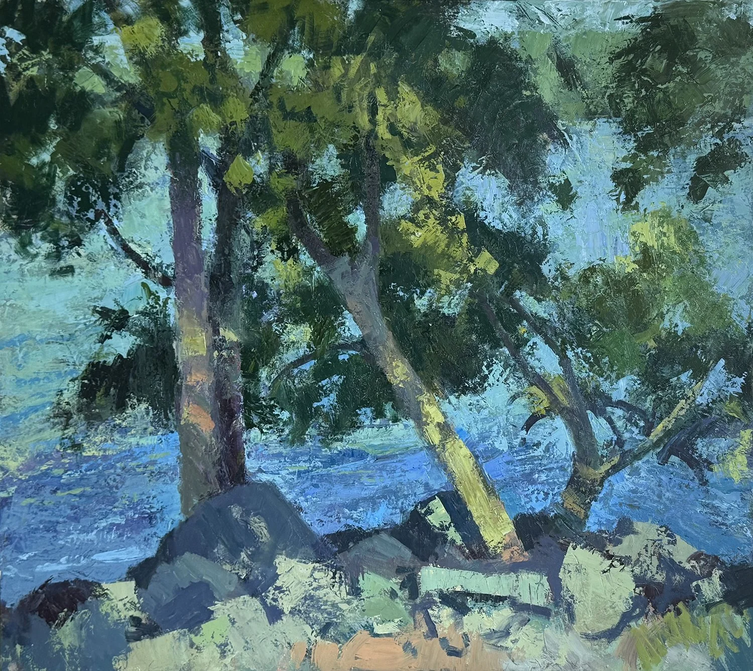 Trees Rocks on Hudson Shore, 30" x 34", Oil on Canvas