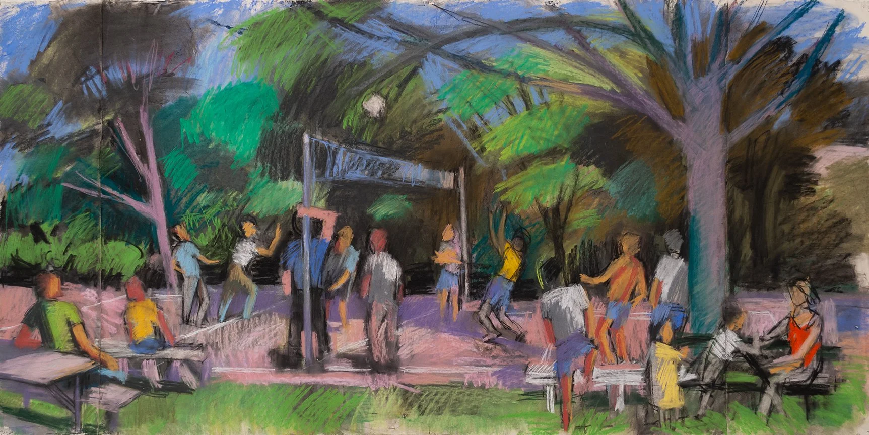  Volleyball Players Pastel, Study, 30” x 60”, Charcoal/Pastel
