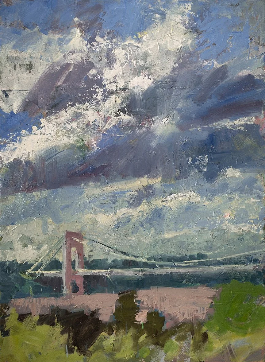  Summer Clouds Over The Bridge, 22" x 30", Oil on Paper/Canvas