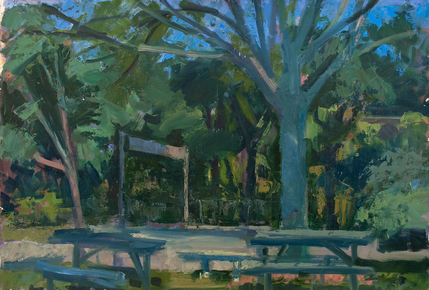 Volleyball Net and Tables, 20" x 30", Oil on Paper